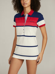 Women's striped collared short-sleeved cotton polo shirt - red