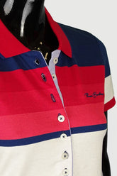 Csíkos galléros rövid ujjú női pamut póló - piros