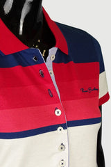 Women's striped collared short-sleeved cotton polo shirt - red