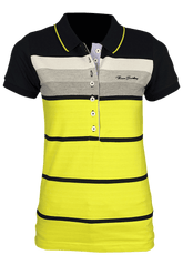 Csíkos galléros rövid ujjú női pamut póló - citromsárga