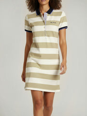 Women's striped collared short-sleeved cotton dress - beige