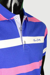 Men's striped collared short-sleeved cotton polo shirt - blue