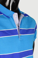Men's striped collared short-sleeved cotton polo shirt - blue