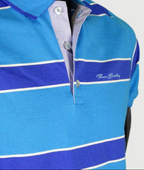 Men's striped collared short-sleeved cotton polo shirt - blue