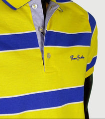 Men's striped collared short-sleeved cotton polo shirt - lemon yellow
