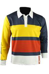 Men's collared long-sleeved technical sports shirt with lettering on the sleeve.