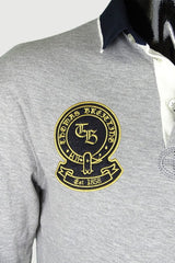 Basic egyszínű galléros 3 gombos hosszú ujjú póló aranyszínű hímzéssel - szürke