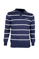 Csíkos galléros 3 gombos férfi pamut pulcsi - fehér