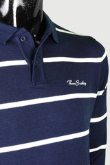 Csíkos galléros 3 gombos férfi pamut pulcsi - fehér