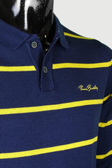 Men's cotton polo shirt with striped collar and 3 buttons - lemon yellow