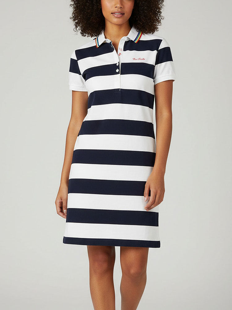 Women's striped collared short-sleeved cotton dress.