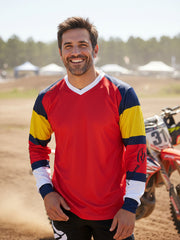 V-nyakú hosszú ujjú férfi technikai sport póló - piros