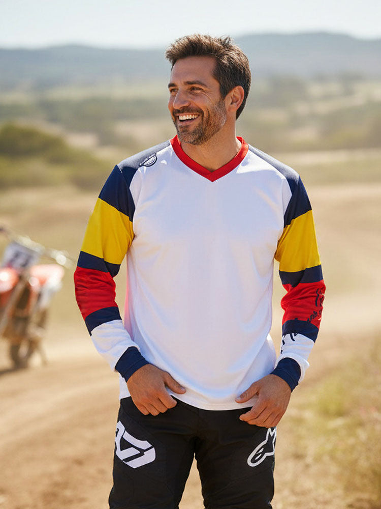 V-nyakú hosszú ujjú férfi technikai sport póló - fehér