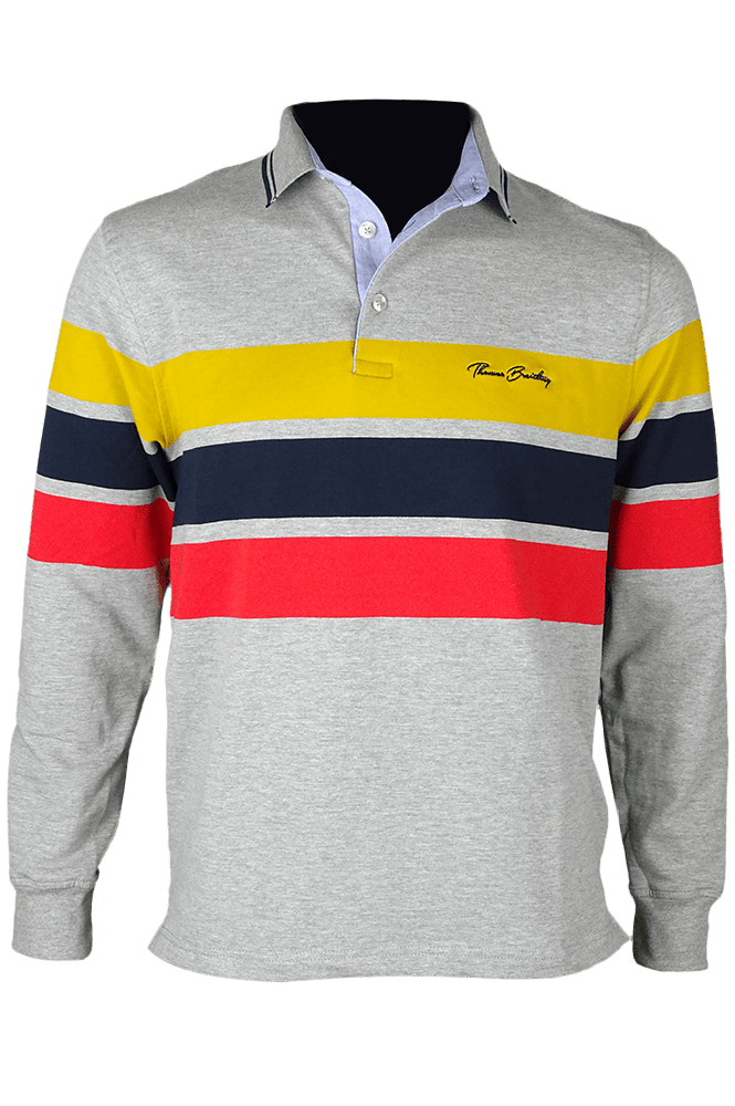 Striped collared 3-button long-sleeved polo shirt - grey