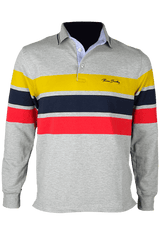 Striped collared 3-button long-sleeved polo shirt - grey