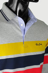 Striped collared 3-button long-sleeved polo shirt - grey